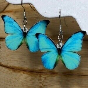 Butterfly Dangle Fish Hook Earrings Blue Acrylic NEW